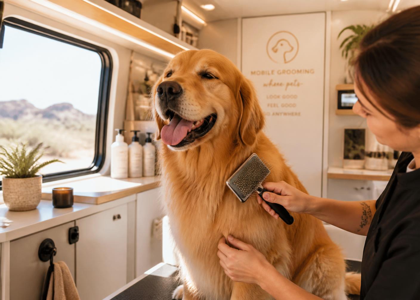 Toelettatrice professionista spazzola un golden retriever dentro un furgone mobile